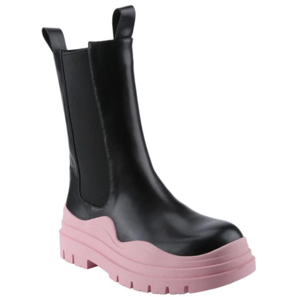 Women's Black Chelsea Ankle Boot with Pink Lug Sole